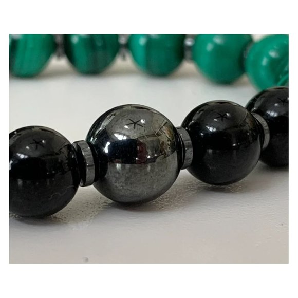 10mm Polished Malachite Black Onyx Hematite Protection Stretch Bracelet - Picture 5 of 9